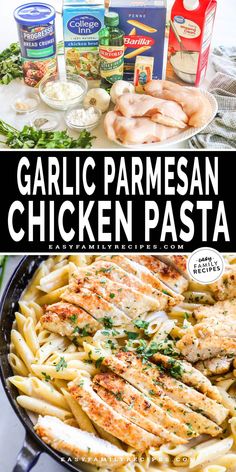 garlic parmesan chicken pasta in a skillet