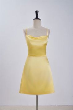 Expertly crafted from satin fabric, this stunning A-line dress boasts a striking cowl neck and delicate spaghetti straps. The back features a lace-up design, while the above knee length adds a touch of elegance to the overall silhouette. Available in a vibrant yellow hue, this dress is sure to make a statement. Item #NP1113 Material: Satin Color: Yellow Silhouette: A-line Embellishment: Cowl neck Neck: Spaghetti straps Back: Lace-up Length: Above knee length Fully lined: Yes Built-in bra: Yes True to size. Made in China. Dresses are usually packed inside out for protection. Hand wash Summer Satin A-line Dress With Fitted Bodice, Solid Color Satin Mini Slip Dress, Satin Suspender Dress With Spaghetti Straps For Evening, Evening Satin Suspender Dress With Spaghetti Straps, Satin Bridesmaid Dress With Spaghetti Straps, Solid Color Satin Mini Dress With Spaghetti Straps, Satin Suspender Dress With Spaghetti Straps For Prom, Solid Satin Mini Dress With Spaghetti Straps, Summer A-line Satin Dress With Fitted Bodice