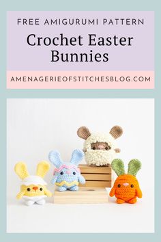 three crochet easter bunnies with the text free amigurmi pattern on top