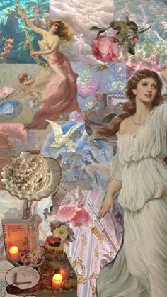 a collage of women in white dresses with flowers, candles and pictures on the wall