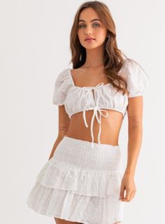 Puff Short Sleeve Tie Up Top - Highly Praise Tie Up Top, Ruffle Mini Skirt, Ruffle Crop Top, Denim Sweater, Shop Tops, Swimwear Sale, Bra Top, Dress Pant, Skirted Swimwear