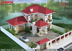 this is an artist's rendering of a two story house with red roof and white walls