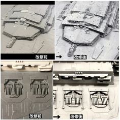 three pictures showing the different parts of a model ship and how it looks like they have been