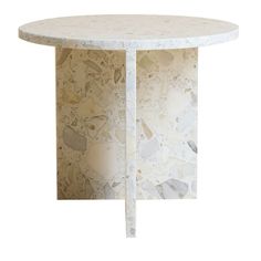 a white marble table with two legs and a round top, on a white background