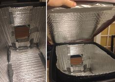 two pictures show the inside of an oven with tin foil covering it and one shows what is in the bottom right corner