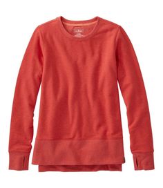 All about comfort, this lightweight sweatshirt has all the moisture-wicking, quick-dry tech you need to feel great on the go, plus irresistible softness and stretch. Slightly Fitted: Softly shapes the body. Falls at low hip. Soft blend of 59% cotton, 38% polyester and 3% spandex wicks moisture and dries quickly. Brushed on the inside for exceptional softness and comfort. Machine wash and dry. Flattering high-low hem with side slits to let you move freely. Thumbholes at the cuffs hold sleeves in place. Imported. Fit: Slightly Fitted | Women's L.L.Bean Cozy Sweatshirt, Split-Hem, Cotton Blend Relaxed Fit Functional Tops For Loungewear, Sporty Cozy Fit Activewear For Layering, Functional Long Sleeve Tops For Loungewear, Functional Cotton Loungewear Top, Functional Cotton Crew Neck Sweatshirt, Long Sleeve Fleece Top For Outdoor Activities, Relaxed Fit Fleece Tops For Sports, Fall Layering Crew Neck Activewear, Midweight Crew Neck Top