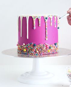 someone is decorating a cake with sprinkles and icing on it