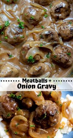 meatballs and onion gravy are served in a white sauce on top of mashed potatoes