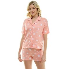 Get cozy with this Derek Heart 2 piece pajama set designed for women. The set includes a short sleeve top with a cropped notch collar and relaxed fit, plus super soft elastic sleep shorts with a flat waistband and side slits. Made from 95% polyester and 5% spandex, this set provides ultimate comfort for your sleep routine. Slay in style with sizes ranging from S-XL. Size: M.  Color: Green.  Gender: female.  Age Group: adult. Star Print Relaxed Fit Top For Loungewear, Relaxed Fit Star Print Top For Loungewear, Summer Short Sleeve Sleepwear For Overnight, Comfortable Short Sleeve Sleepwear For Pajama Party, Comfortable Sleepwear For Pajama Party With Short Sleeves, Cotton Star Print Sleepwear For Loungewear, Casual Star Print Sleepwear For Loungewear, Cotton Sleepwear With Star Print, Casual Sleepwear For Pajama Party With Star Print