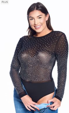 Rhinestone embellished, sheer, mesh bodice, long sleeve plus size bodysuit. Fabric is stretchy. Color: Black Bodice: 93% Nylon 7% Spandex Bottom : 90% Polyester 10% Spandex Model is 5'8" wearing a 1X Pearl Mesh Top, Bodysuit Plus Size, Long Sleeve Mesh Bodysuit, Rhinestone Bodysuit, Plus Size Bodysuit, Sheer Bodysuit, Bodysuit Top, Bodysuit Black, Mesh Bodysuit