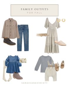 the family outfits for fall are in blue, grey and white with text overlay