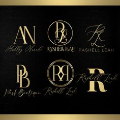 four different types of monograms on black and gold