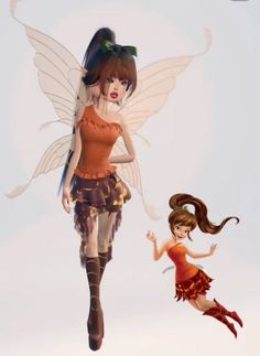 two animated images of a woman and a fairy with long brown hair, one is flying in the air