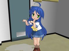 a cartoon girl with blue hair and green eyes is standing in front of a door