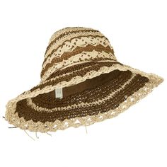 Toyo Braid Zig Zag Striped HatMade of 100% paper straw.ONE SIZE fits most ladies, fitting up to 7 1/4.Fitted with an inner hatband.Adult/Women.Crown measures 3.5 inches deep.Brim measures 3.5 inches wide.Hand wash only.Imported. Paper straw designed sun hat for ladies.Round top crown.Toyo braid hat.Stripe and zig zag design.Self tie accented with 2 flowers is featured around the crown.Edge of brim is scallop designed.Brim is slightly downturned.Easily packable.Our straw sun hat is perfect for pi Beach Straw Hat With Flat Brim And Open Weave, Flat Brim Open Weave Straw Hat For Beach, Open Weave Flat Brim Straw Hat For Beach, Brown Paper Straw Hat With Short Brim, Brown Paper Straw Fedora Hat, Casual Adjustable Hats With Crochet Trim, Casual Adjustable Hat With Crochet Trim, Casual Hat With Crochet Trim And Adjustable Fit, Beach Straw Hat With Short Brim And Open Weave