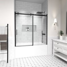 a bathroom with white tile and black trim on the shower door, sink, and bathtub