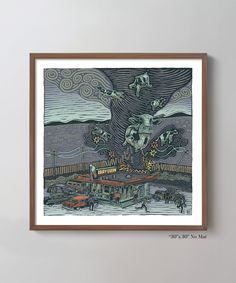 an art print on the wall above a table