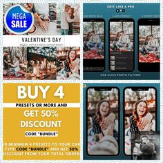 an advertisement for a valentine's day sale with photos and text that reads, buy 4 get 50 % discount code bundle