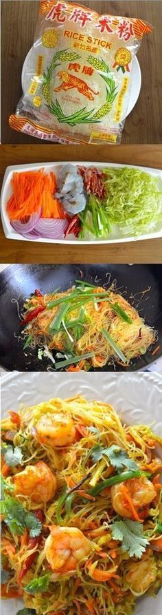 three pictures of different types of food on plates and in serving trays, including noodles