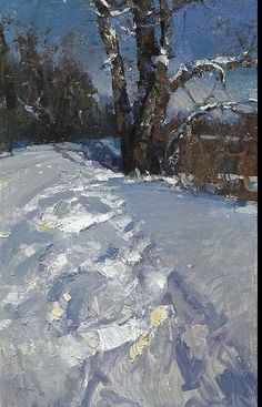 a painting of snow covered ground with trees in the background