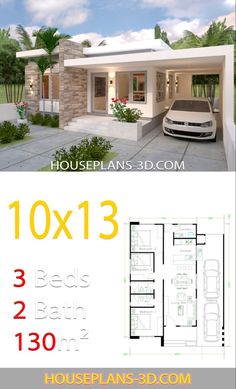 two story house plan with 3 beds and 2 bathrooms in the front, an open floor plan