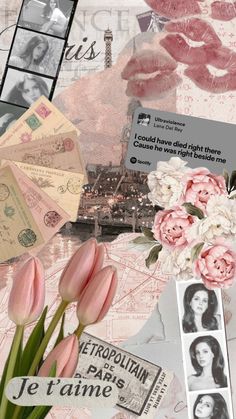 a collage with pink tulips, photos and postcards on top of it