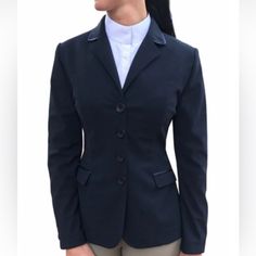 The Grand Prix Dolce Show Coat Is A Four-Button Style In Front With A Double Back Vent. Navy Jacket With Navy Satin Trim Adds An Elegant Touch To The Collar And Pockets. Made In Italy From Premium Extreme Stretch Soft Shell Fabric, That Is Water Repellent, Stain Repellent, Breathable And Washable. See Measurements In Pics. Good Used Condition With Only Slight Pilling Of The Satin Piping On Collar. See Pics. Button Style, Navy Jacket, Trim Color, Soft Shell, Grand Prix, Repellent, Piping, Water Repellent, Equestrian