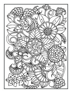 an abstract coloring page with flowers and leaves