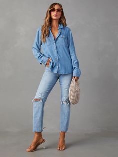 Blue Denim Button Up Shirt Outfit, Button Up Shirt Outfit, Shirt Collar Styles, Denim Pocket, Denim Patterns, Exclusive Dress, Style Upgrade, Casual Denim, Blue Blouse