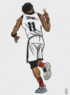 a drawing of a basketball player with tattoos on his arm and leg, holding a ball