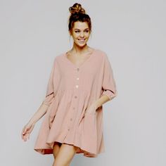 Comfortable Mini Dress In Blush Shade. 100% Polyester. Pink Relaxed Fit Mini Dress For Summer, Beige Tunic Dress For Brunch, Casual Flowy Apricot Dress, Casual Peach Daywear Dress, Beige Relaxed Fit Dress For Brunch, Blush Mini Length Summer Dress, Pink Relaxed Fit Mini Dress For Spring, Blush Short Sleeve Summer Dress, Blush Summer Dress For Brunch