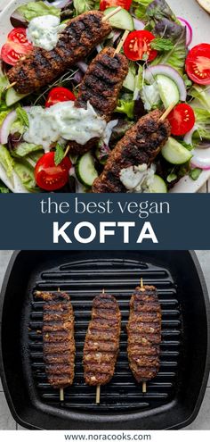 the best vegan kofta recipe is shown on top of a grill with vegetables, cucumbers and tomatoes