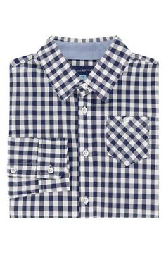 Crisp gingham checks pattern a handsome button-front sport shirt styled with a bias-cut chest pocket for a subtly jaunty finish. Front button closure Long sleeves with button cuffs 100% cotton Machine wash, tumble dry Imported Kids' Wear Checks Pattern, Navy Gingham, Swimwear Sets, Sport Shirt, Gingham Check, Boys Jacket, Suit Shop, Sports Shirts, Sweater Accessories