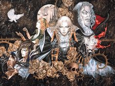 an image of a group of people surrounded by skulls and other things in the background