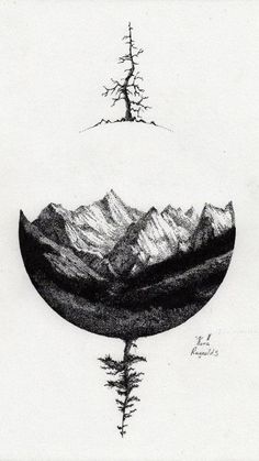 a black and white drawing of mountains with trees in the foreground, and an upside down tree