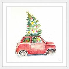 a red car with a christmas tree on the roof is shown in this watercolor painting