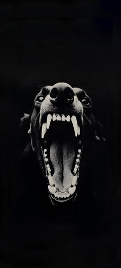 a black and white photo of a dog's mouth with it's teeth wide open