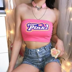 Flower Pink Strapless Vest Tube Top Pink Tube Top, Look Festival, Outfits Y2k, Pink Letter, Pink Crop Top, Alternative Outfits, Retro Chic, Looks Vintage, Elegant Outfit