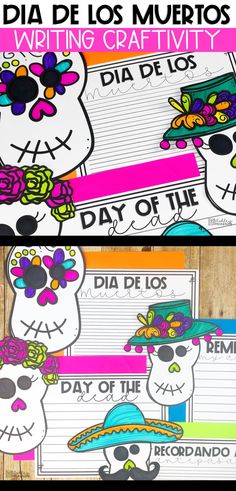 the day of the dead writing and craftivity paper is shown with skulls on it