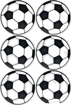 four soccer balls are shown in black and white