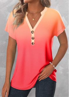 Color:Peach Red;Size:S;Size:M;Size:L;Size:XL;Size:XXL;Package Contents:1 X T Shirt;Occasion:Other;Style:Casual; Summer V-neck T-shirt With Button Closure, V-neck T-shirt With Button Closure For Summer, Orange V-neck Summer Shirt, Orange V-neck Shirt For Summer, Summer Orange V-neck Shirt, Summer V-neck T-shirt With Buttons, Spring V-neck T-shirt With Button Closure, Orange Short Sleeve Top With Buttons, Summer Orange Button-up Top