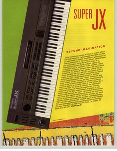 an advertisement for a keyboard with the words super jx on it's side