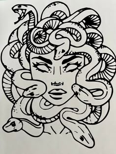 a drawing of a woman's face with snakes around her head