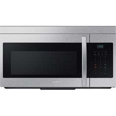 a stainless steel microwave oven with the door open and timer on it's side