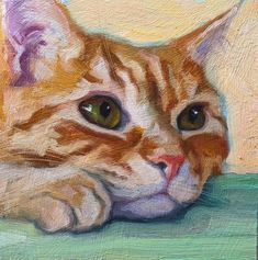 an oil painting of a cat laying down on a green surface with its eyes wide open