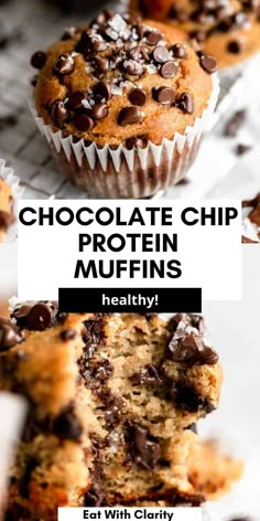 chocolate chip protein muffins with text overlay that reads, chocolate chip protein muffins healthy