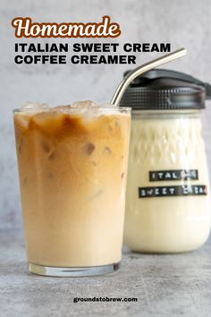 Bottle of homemade coffee creamer with italian sweet cream label and an iced coffee with cream. How To Make Flavored Coffee Creamer, Homemade Sweet And Creamy Coffee Creamer, Alternative To Coffee Creamer, Healthy Hazelnut Coffee Creamer, Almond Creamer Recipe, Homemade Italian Sweet Cream Coffee Creamer, Homemade Protein Coffee Creamer, Creamer Recipe Heavy Cream