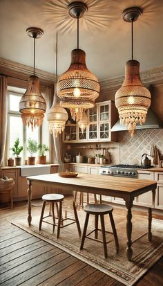 an image of a kitchen setting with chandeliers hanging from the ceiling and wooden floors