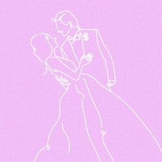 a drawing of a man and woman embracing each other in front of a pink background