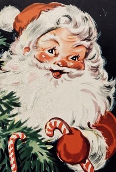 an old fashioned christmas card with santa claus holding a candy cane in his right hand